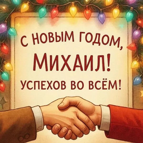 Именная открытка для Михаила с Новым годом с подарками и ёлочными украшениями