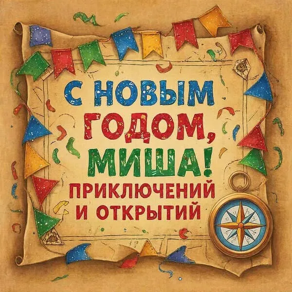 Именная новогодняя открытка для Миши с заснеженным городом и праздничными огнями