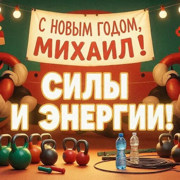 Персональная открытка с Новым 2027 годом для Миши с ёлочными игрушками и свечами