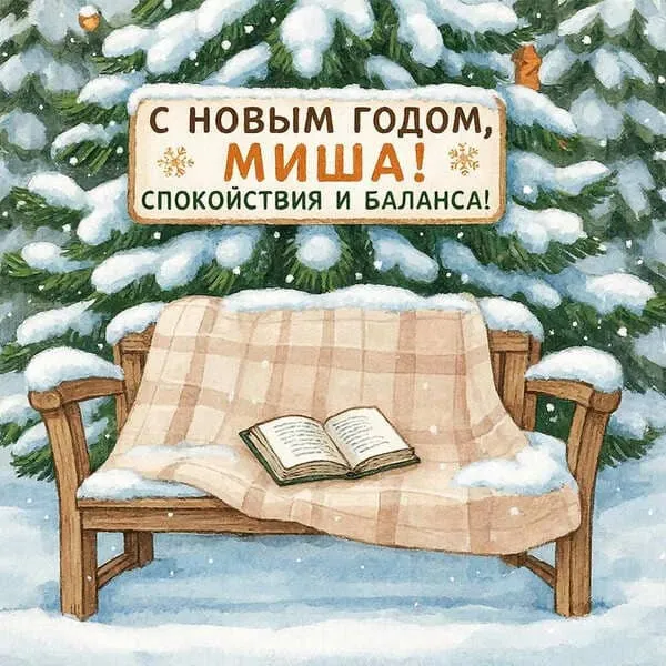 Именная новогодняя открытка для Михаила с праздничным столом и гирляндой, пожелание удачи