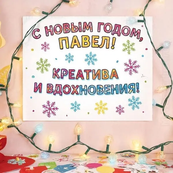 Именная новогодняя открытка для Пашеньки с подарками под украшенной ёлкой