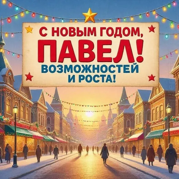 Именная новогодняя открытка для Павла с праздничным столом и гирляндой, пожелание удачи