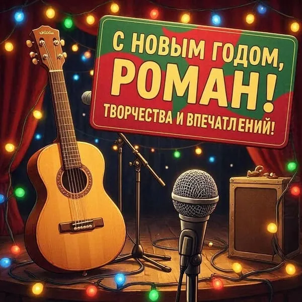 Именная открытка с Новым 2027 годом для Ромы с классическим новогодним дизайном