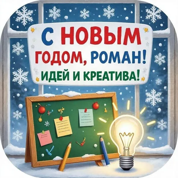 Именная новогодняя открытка для Ромы с заснеженным городом и праздничными огнями