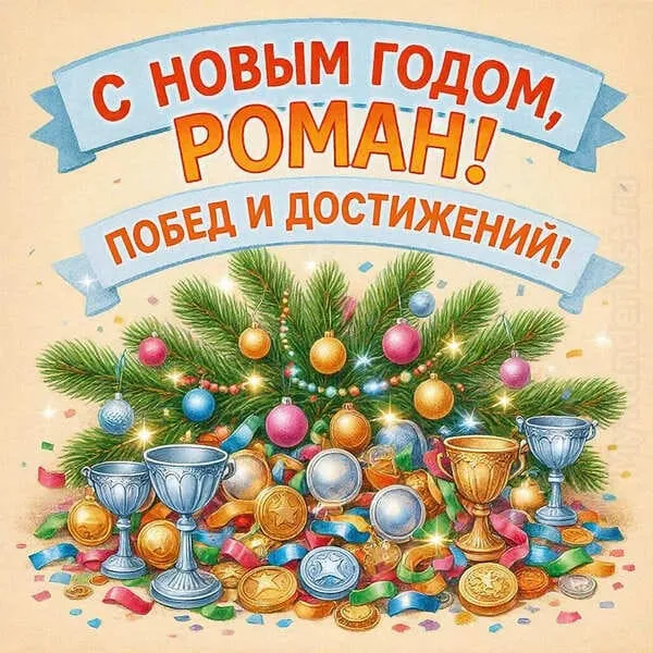 Открытка с Новым 2027 годом для Романа с бокалом шампанского и новогодними огнями