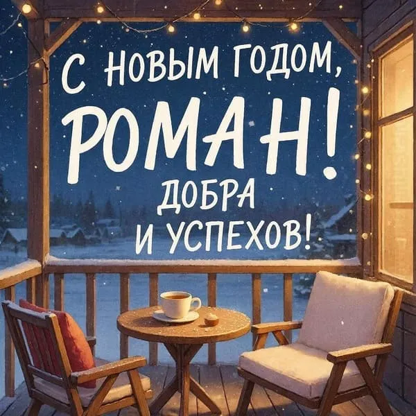 Именная новогодняя открытка для Романа с подарками под украшенной ёлкой