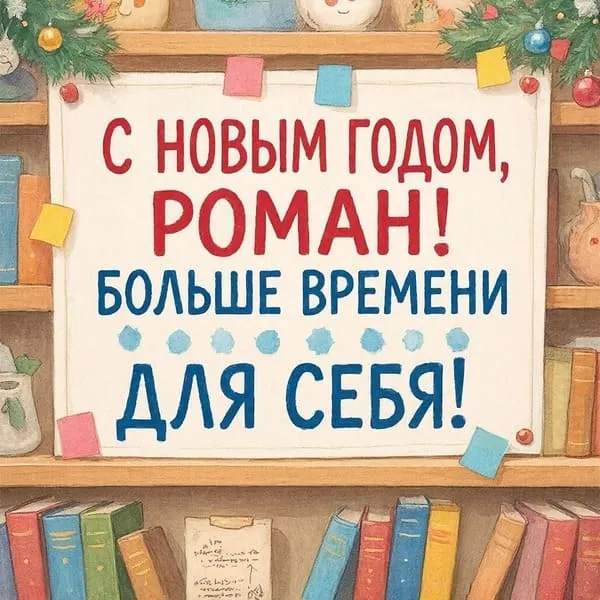 Персональная открытка с Новым 2027 годом для Ромы с ёлочными игрушками и свечами