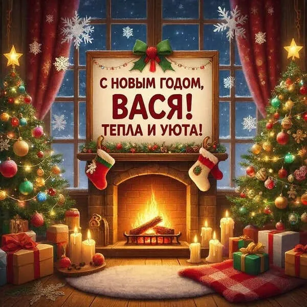 Именная открытка для Василия с Новым годом с подарками и ёлочными украшениями