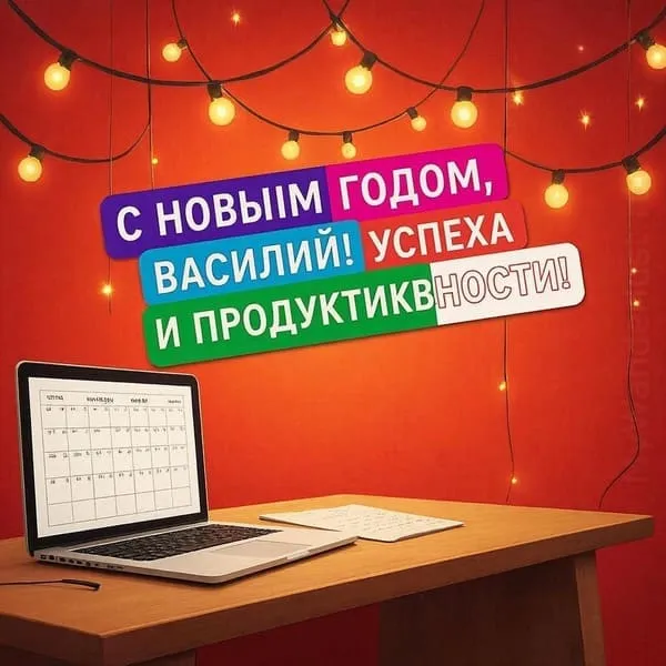 Персональная открытка с Новым годом для Василия с уютным вечером у камина