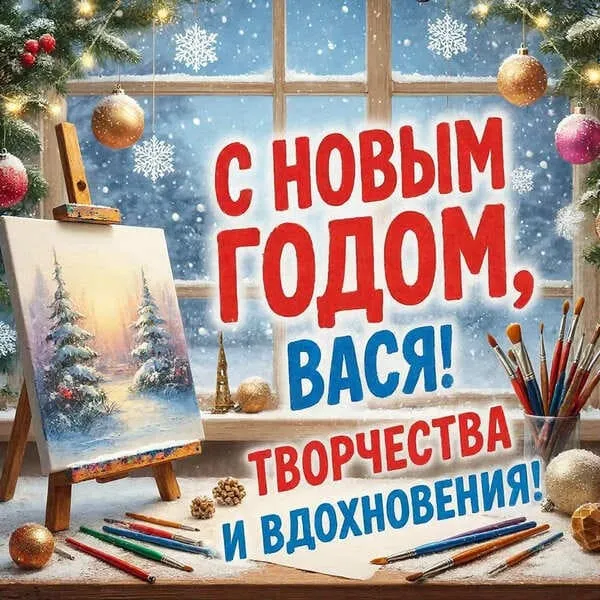 Именная новогодняя открытка для Васи с заснеженным городом и праздничными огнями