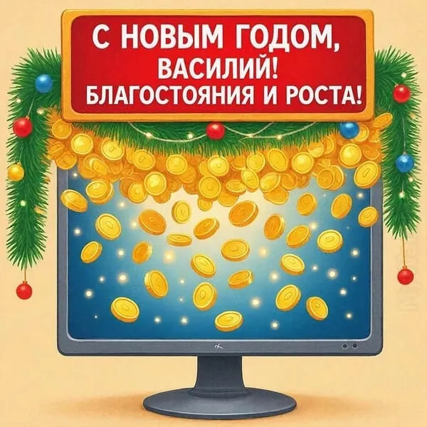 Персональная открытка с Новым 2027 годом для Васи с ёлочными игрушками и свечами