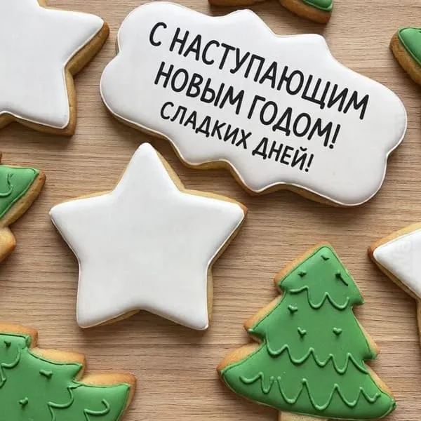 Рождественское печенье в форме звёзд на открытке с наступающим Новым 2027 годом