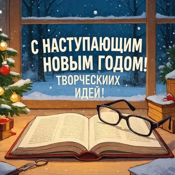 Открытая книга и очки на зимнем вечере на открытке с наступающим 2027 годом