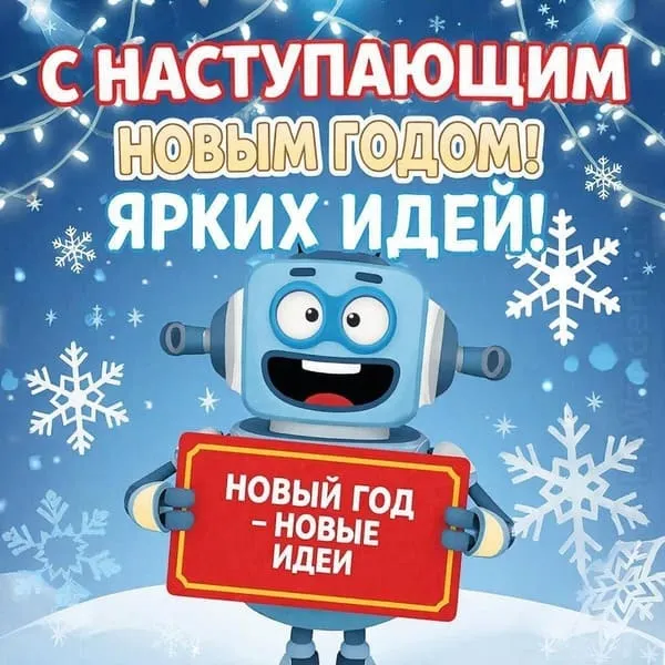 Забавный новогодний робот с табличкой Новый год = новые идеи на открытке с наступающим 2027 годом