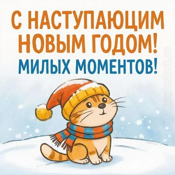 Кот в зимней шапочке на открытке с наступающим Новым 2027 годом